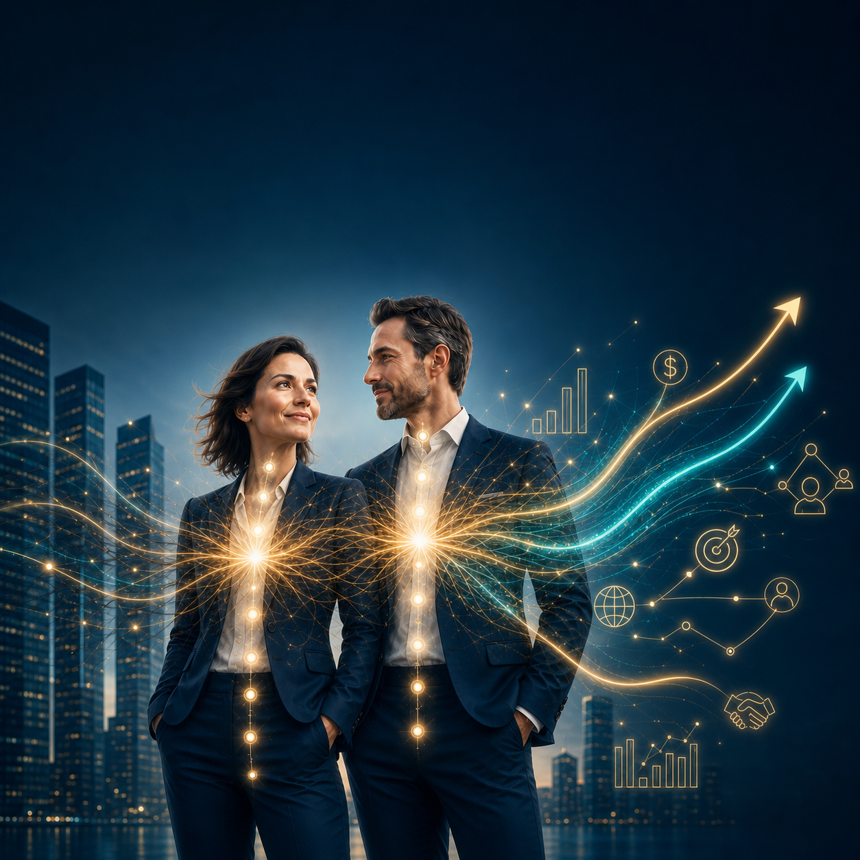 Zwei Unternehmer mit Energie-Fließlinien und Business-Icons vor nächtlicher Skyline